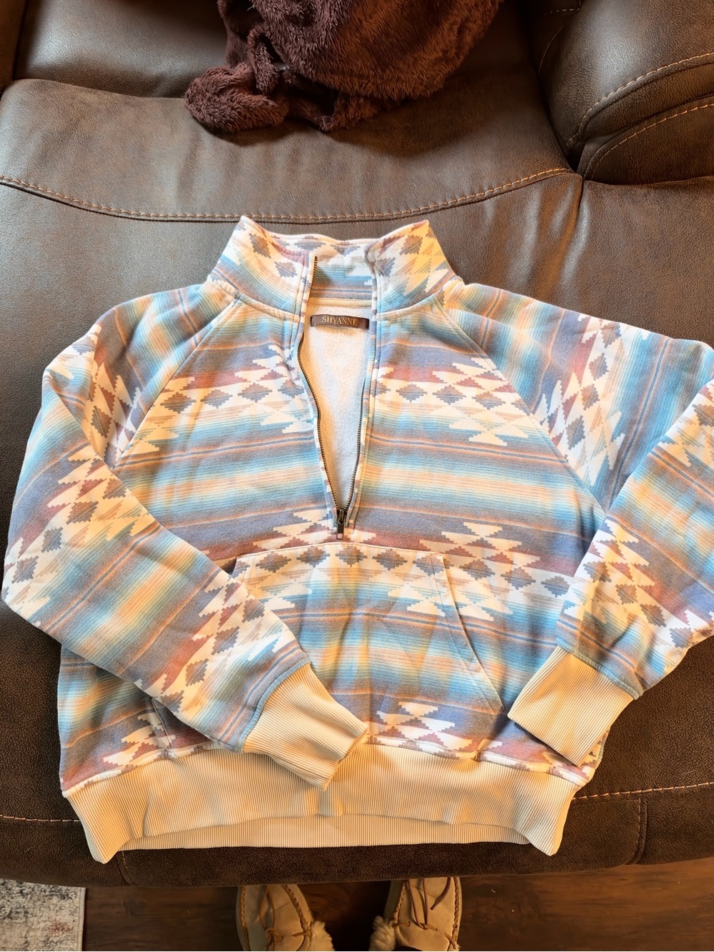 Shyanne Pastel Aztec Half-Zip Pullover in Blue and Cream